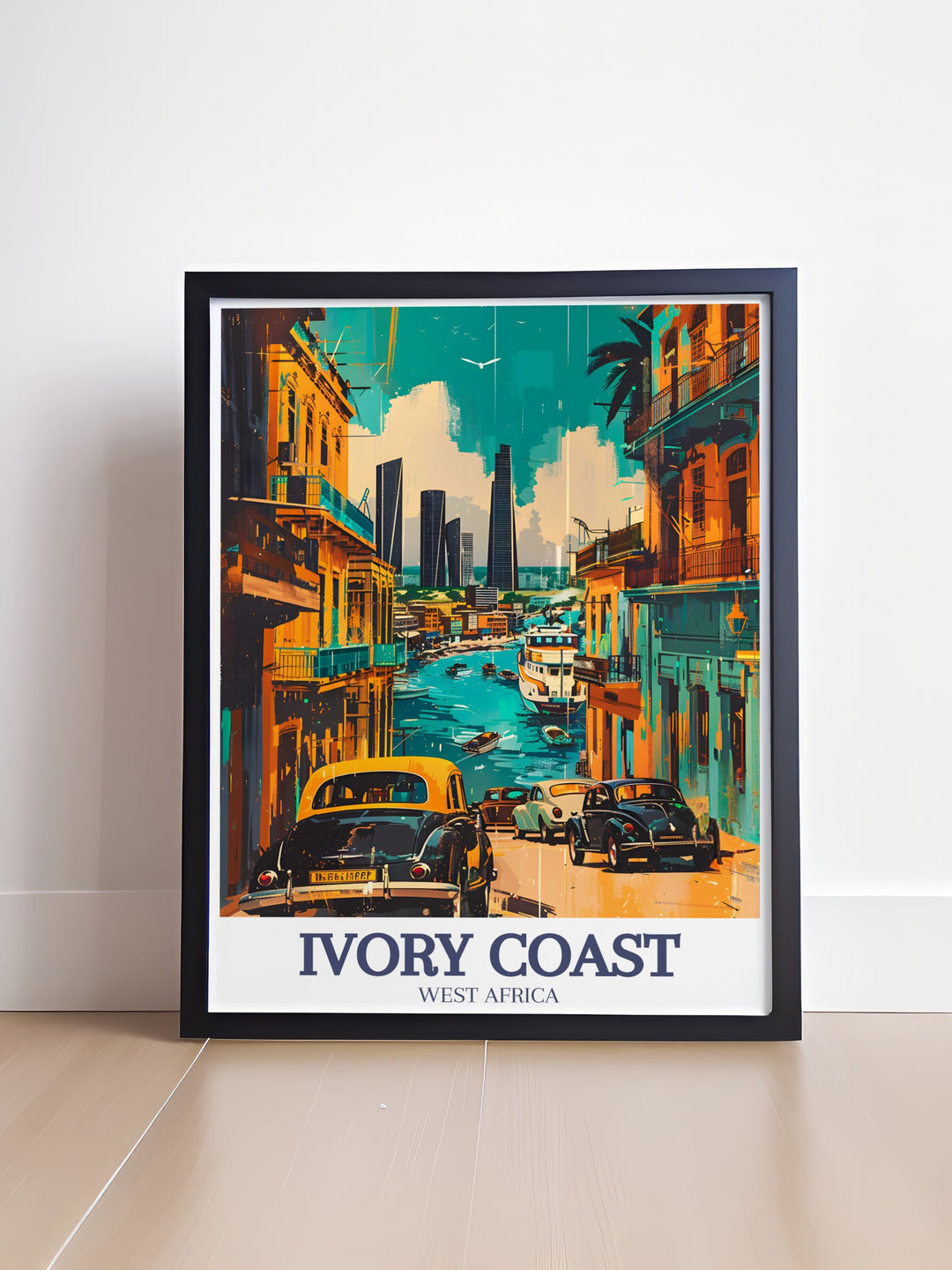 This Ivory Coast poster print captures the stunning skyline of Abidjan, focusing on the Plateau district, known for its modern architecture and vibrant city life. Ideal for lovers of African culture and travel, this print brings a dynamic view of Ivory Coast into any room.