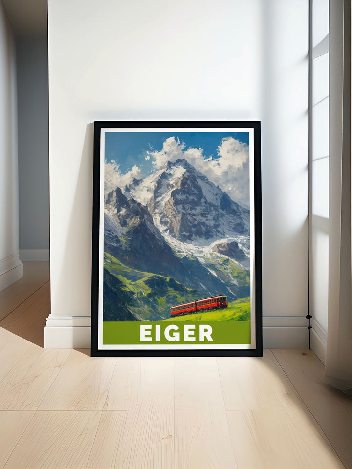 Stunning poster of the Eiger in the Swiss Alps capturing the majestic mountain in all its glory perfect for rock climbing enthusiasts and mountain lovers looking for beautiful wall art and vintage travel prints that bring the spirit of adventure into your home decor.