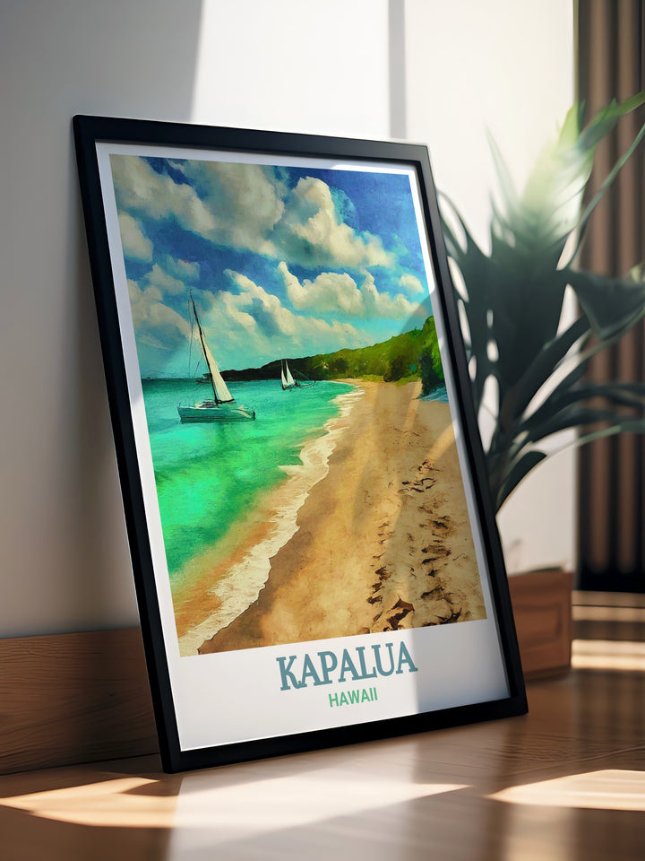 D.T. Fleming Beach and Kapalua golf course poster captures the essence of Hawaii in a vibrant and serene art print perfect for enhancing any living space with the beauty of the islands an ideal choice for personalized gifts or as a centerpiece in modern home decor