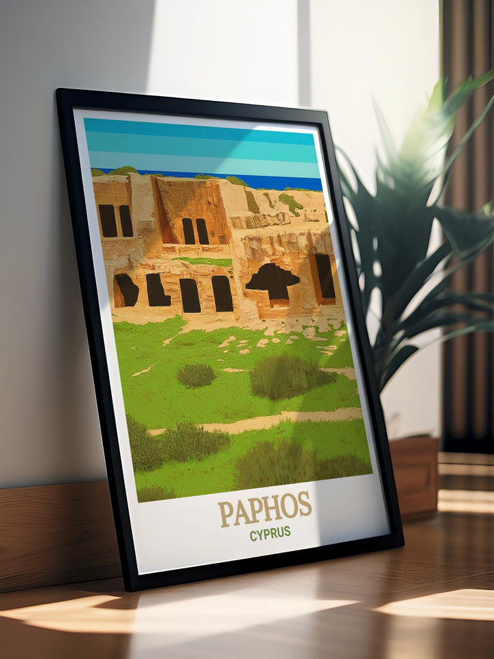 Bring the cultural heritage of Cyprus into your home with this travel poster, featuring the majestic Tombs of the Kings and the captivating Mediterranean landscape. The artwork celebrates the islands ancient history and natural beauty.