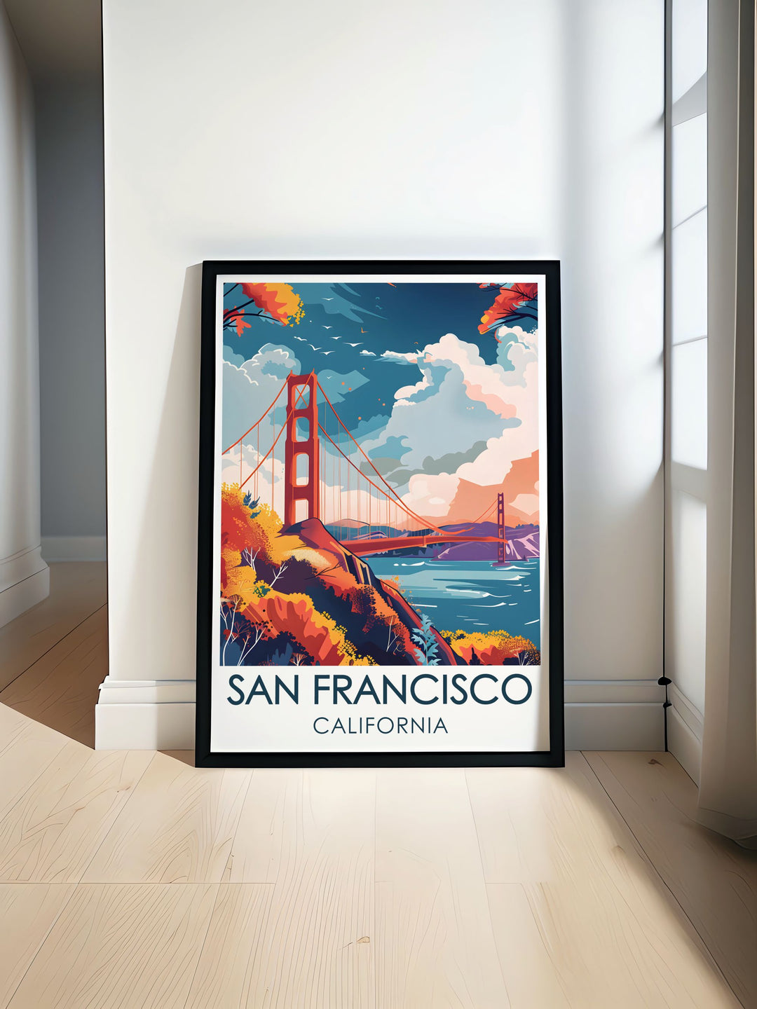 Bring a piece of California into your home with this Golden Gate Bridge Travel Poster. The vibrant colors and intricate details of the suspension bridge set against the blue waters of the San Francisco Bay create a captivating visual piece for your living space.