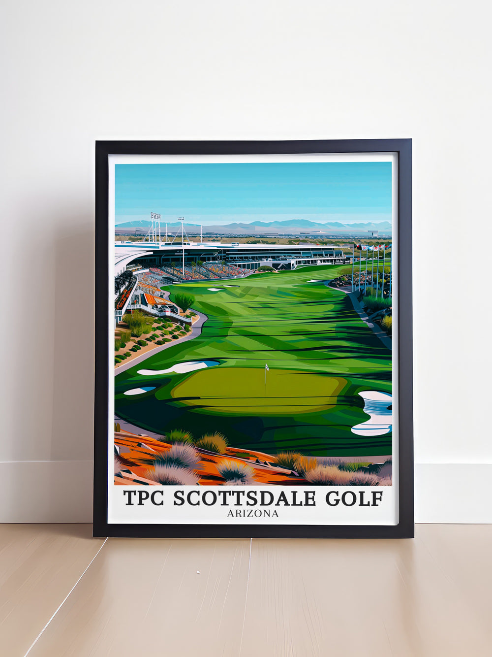 TPC Scottsdale golf course poster print showcasing the iconic Stadium Course set against the picturesque Sonoran Desert. Perfect for golf enthusiasts, this artwork captures the beauty of Arizonas premier golf destination and its stunning natural surroundings.