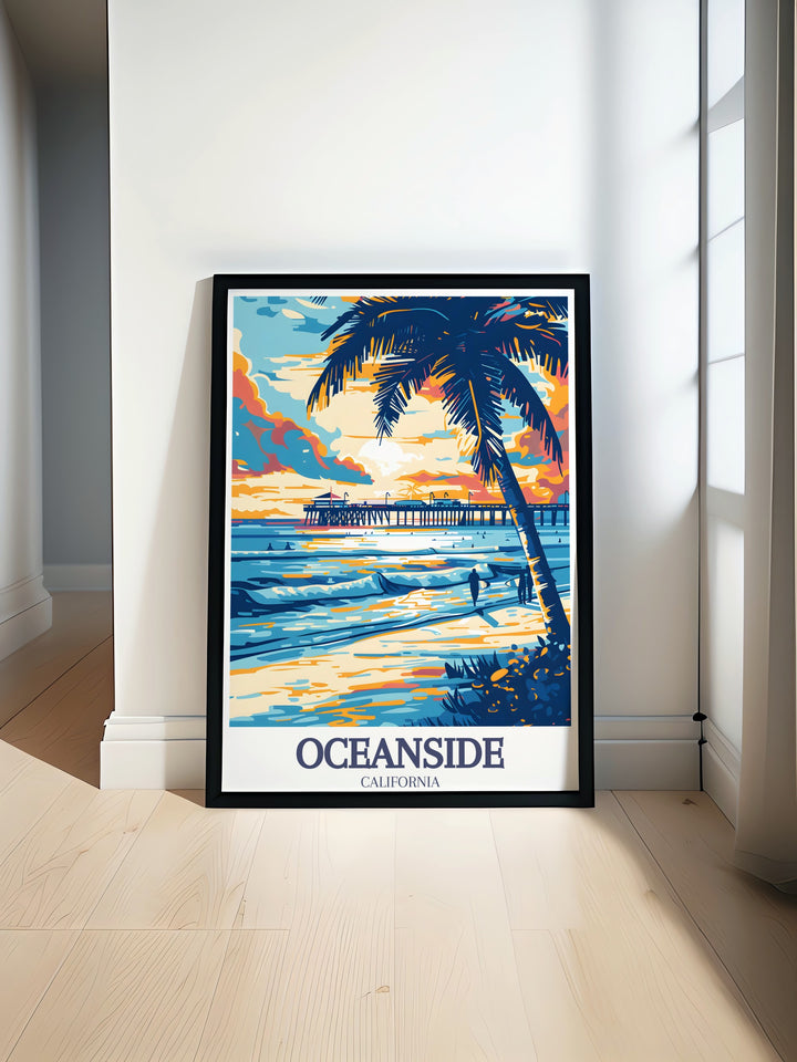 Beautiful art print of Oceanside Beach and Oceanside Pier showcasing the stunning California coastline with vibrant colors perfect for home decor travel enthusiasts and anyone who loves beach art and collectibles
