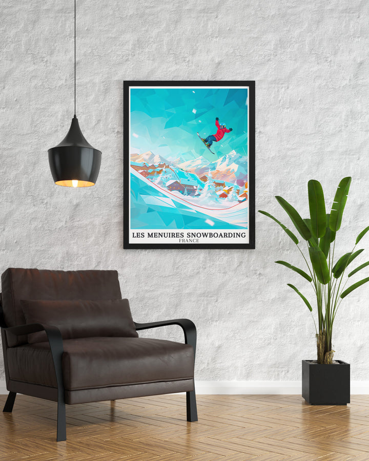 Stunning Les Menuires BK Park Framed Prints capturing the exhilaration of snowboarding at one of the top resorts in the Alps a perfect gift for skiers and snowboarders looking to bring the thrill of the mountains into their home