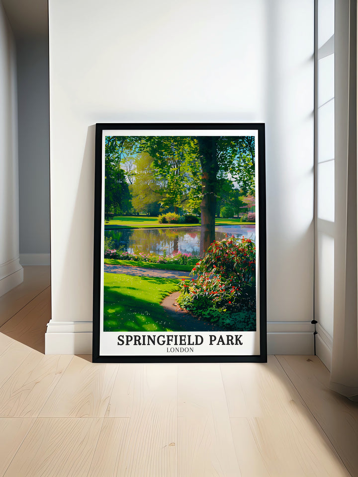 Springfield Park Poster Print displaying a scenic view of the beautiful East London park with The Pond Upper Clapton in the background perfect for those looking to add a vintage travel print to their wall decor collection featuring London landmarks.