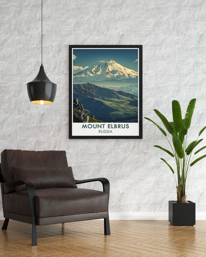 Vintage Travel Print featuring Mount Elbrus the highest mountain in Russia a beautiful addition to any room includes Mt Elbrus Summit stunning prints perfect for adventurers and nature lovers