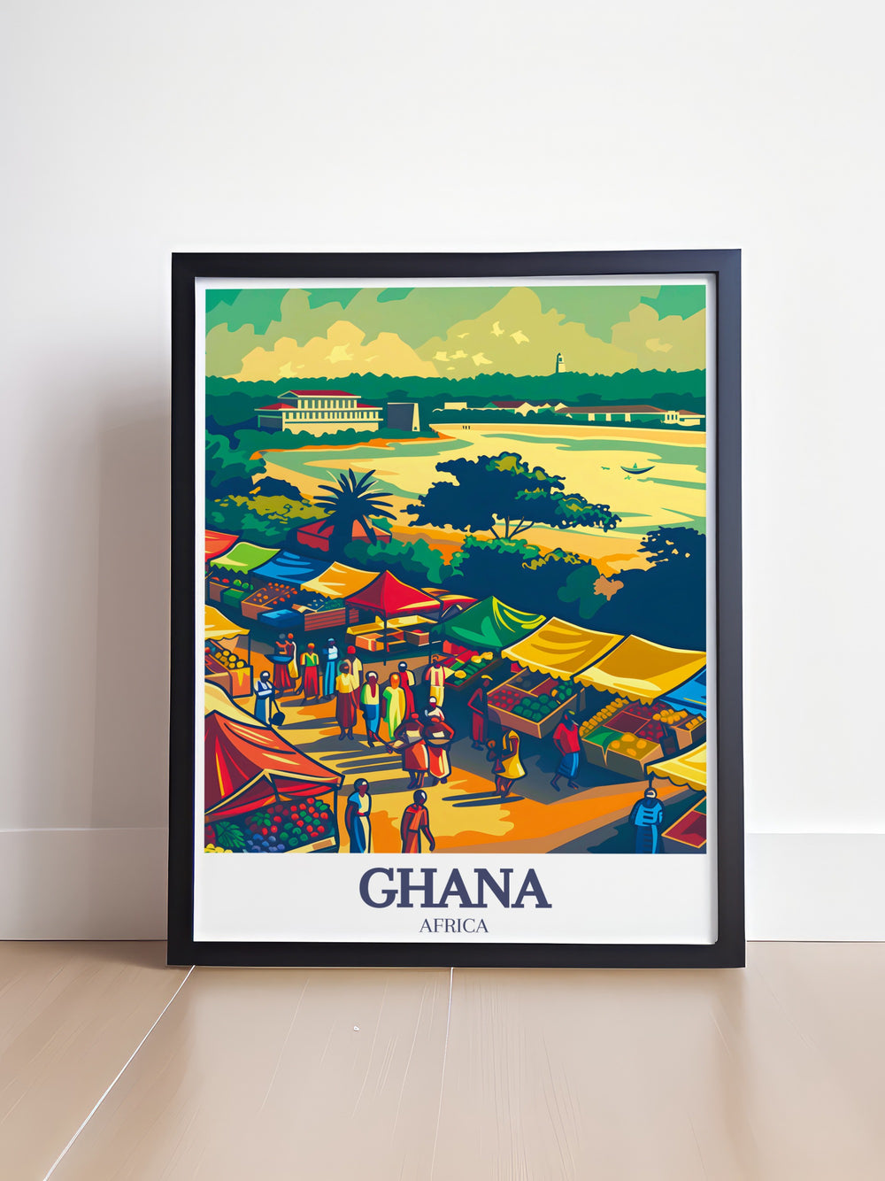 This personalized travel print of Accra and Makola Market is a vibrant representation of Ghanas capital. Ideal for adding a splash of color to your home or as a gift for someone who loves exploring new destinations.