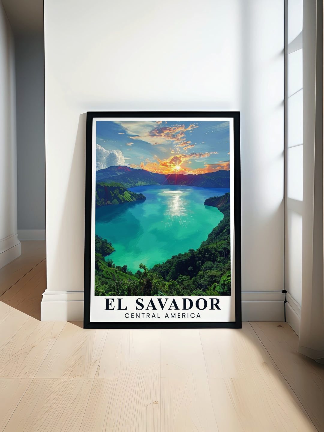 Lake Coatepeques serene waters and breathtaking views come to life in this El Salvador canvas art. The travel print captures the tranquility of this volcanic lake, offering a beautiful piece of artwork that reflects the unique beauty of El Salvador and Central America.