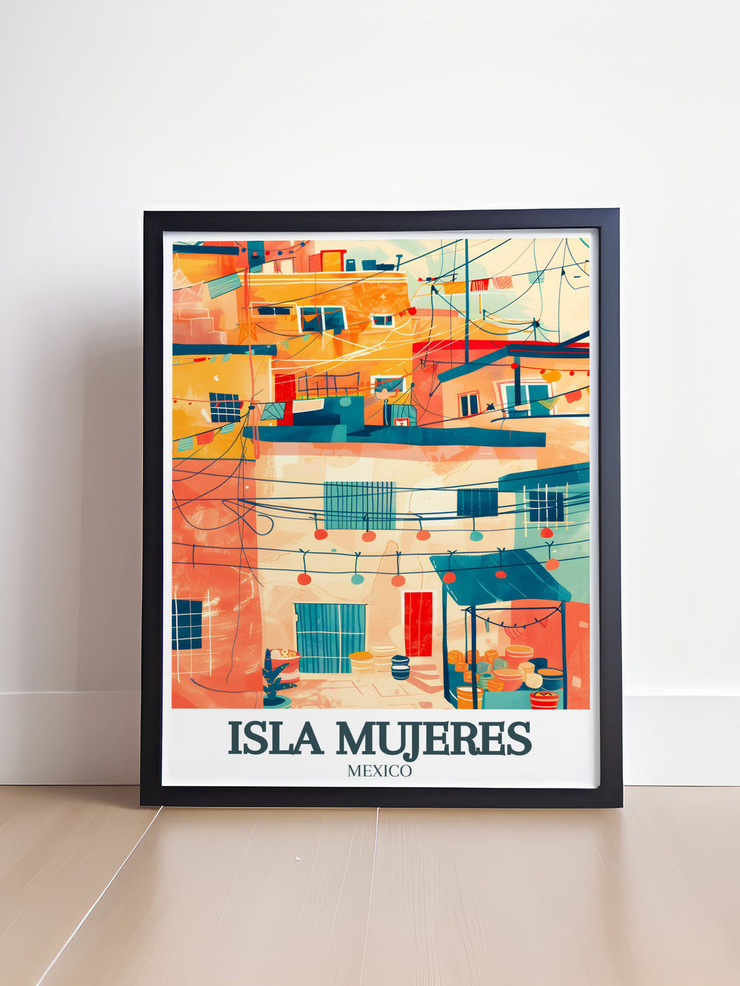 Fine line print of Isla Mujeres map with a focus on Centro, Avenida Rueda Medina offering a stylish and contemporary addition to your wall decor ideal for living rooms and studies.