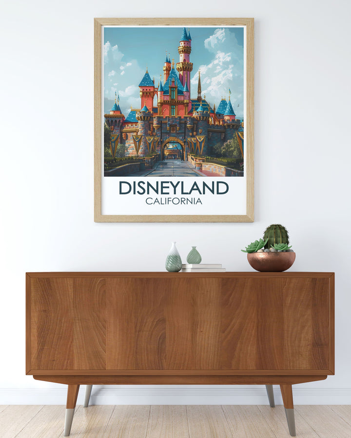 This detailed travel poster captures the enchanting Disneyland Resort Anaheim in California, highlighting its magical atmosphere, iconic attractions, and vibrant parades, making it a perfect addition to any home decor. Ideal for Disney enthusiasts and those who cherish the magic of childhood.