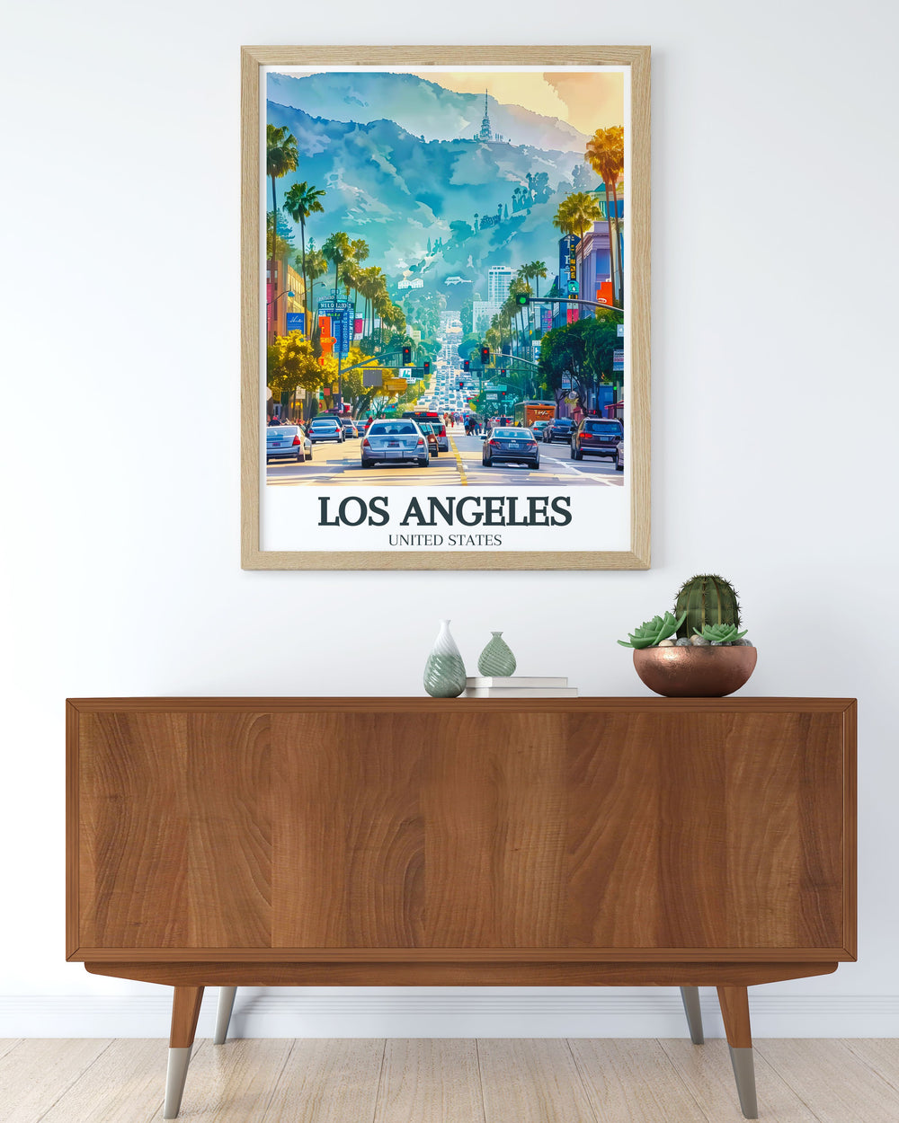 Experience the dynamic beauty of Los Angeles with this Hollywood Boulevard street Mount Lee poster ideal for those who love California prints and travel art a perfect addition to your home decor creating a captivating focal point in any room