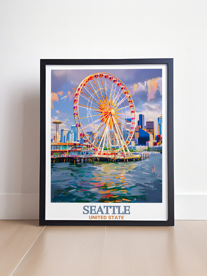 A dynamic Seattle travel print featuring the Great Wheel and waterfront views. This piece brings Seattles urban beauty into your home, offering a unique gift for those who love the citys distinctive charm.