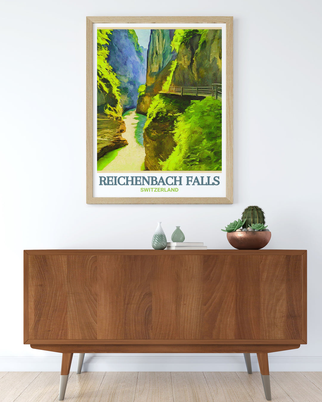 Celebrate the beauty of Switzerland with this travel print featuring Reichenbach Falls and Aare Gorge. Ideal for decorating your home or office, this stunning artwork captures the raw, natural beauty of these famous Swiss landmarks and makes a perfect gift for nature enthusiasts.