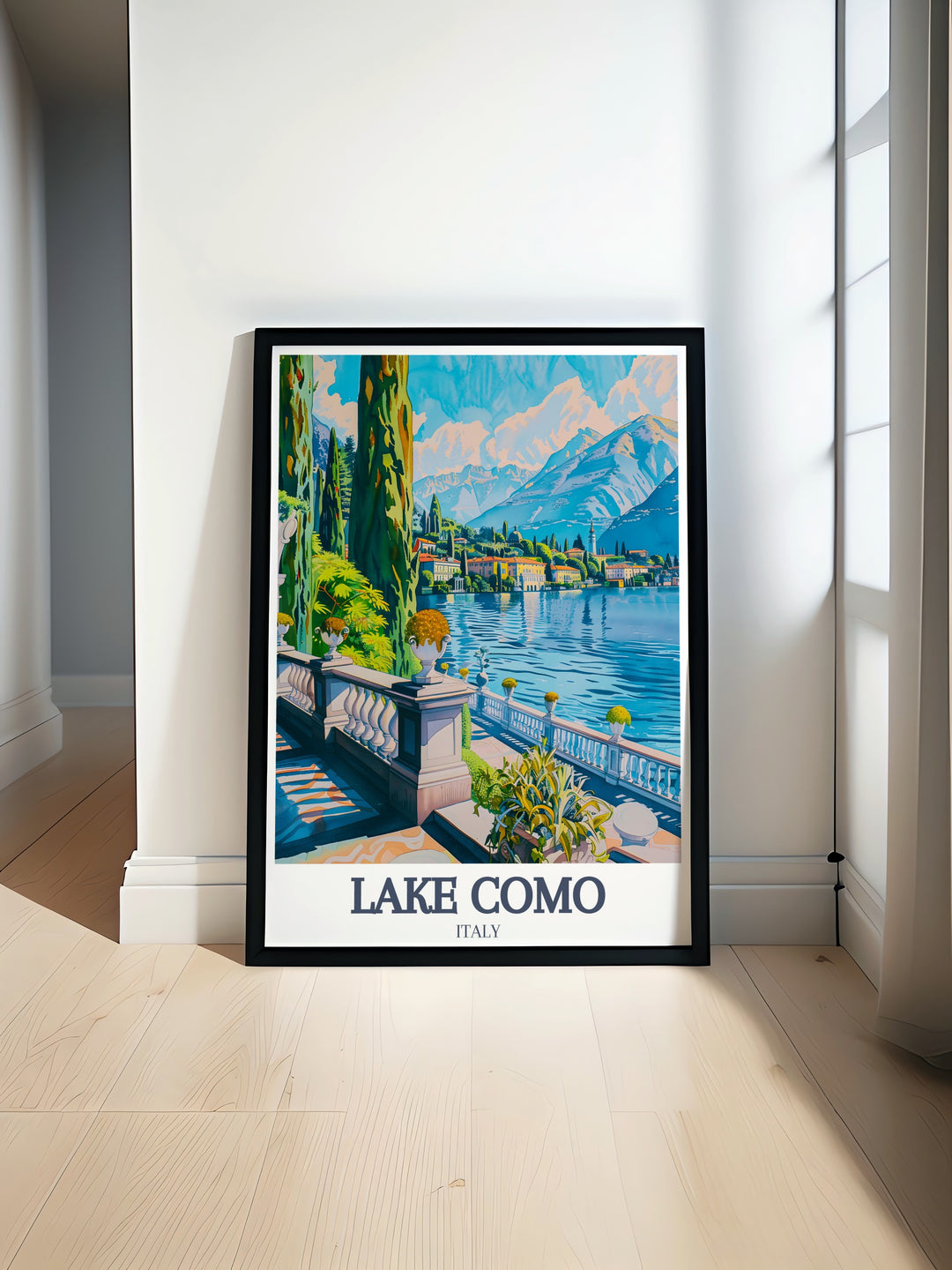 Lake Como Print featuring Villa Carlotta and Lombard Pre Alps ideal for adding a touch of Italian charm to your home decor perfect for creating a serene and elegant atmosphere in your living room or office