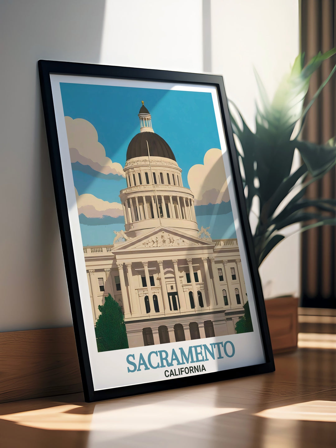 Sophisticated Sacramento Poster with a beautiful black and white street map including the California State Capito making it a timeless piece for your living room or office a perfect gift for any occasion.