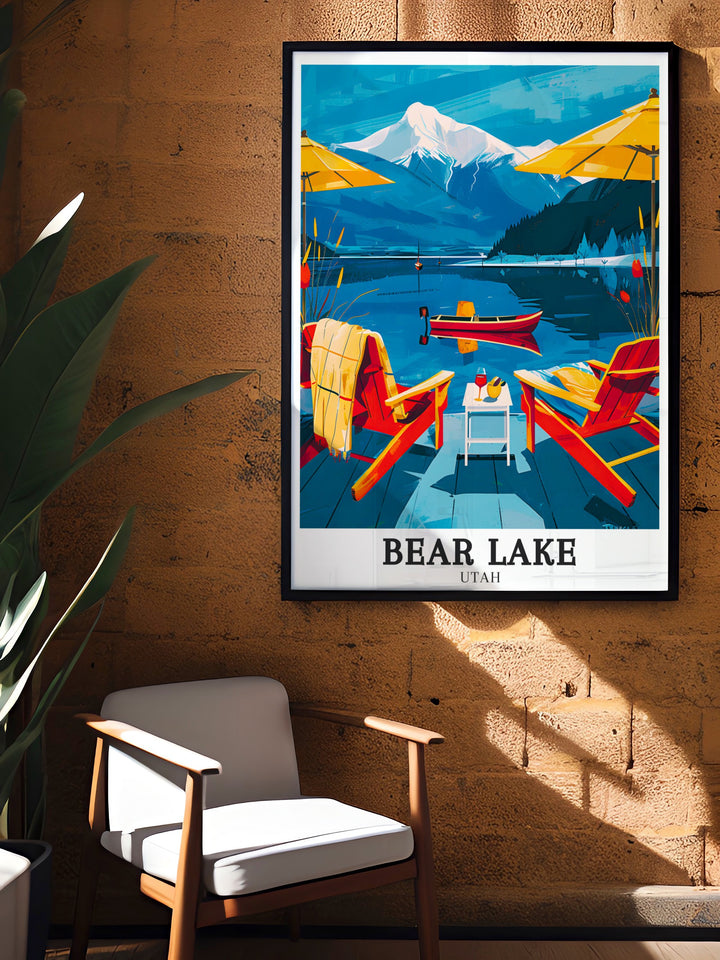 Captivating wall art of Rendezvous Beach at Bear Lake showcasing the sandy shores and the backdrop of the majestic Wasatch Mountains ideal for those who appreciate beautiful landscapes