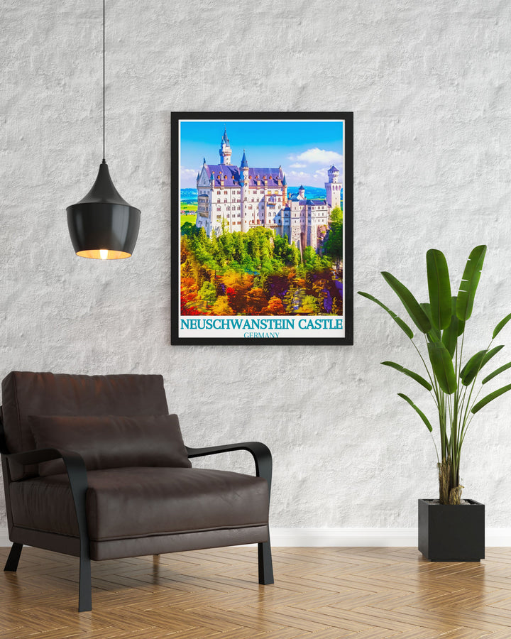 This travel poster of Neuschwanstein Castle in Bavaria captures the fairy tale like architecture and lush surroundings, highlighting the castles intricate design and majestic presence, perfect for adding a touch of German elegance to your home decor.