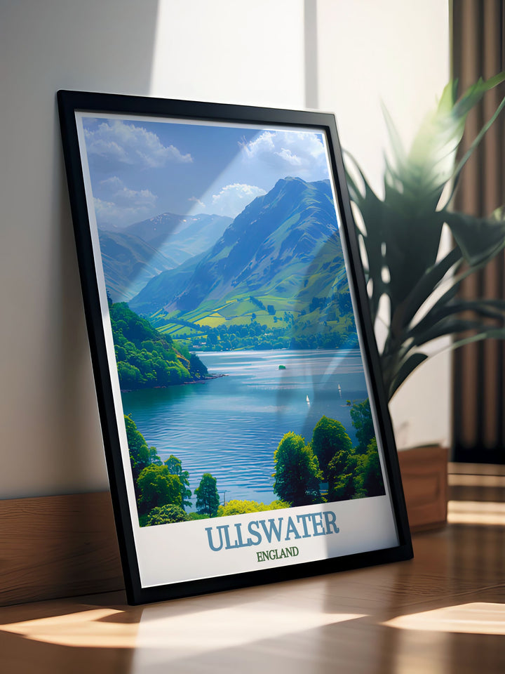 Vintage travel print showcasing Lake Windermere in the Lake District with Ullswater Lake a stunning addition to your living room decor perfect for anyone who appreciates the beauty of nature and elegant home decor