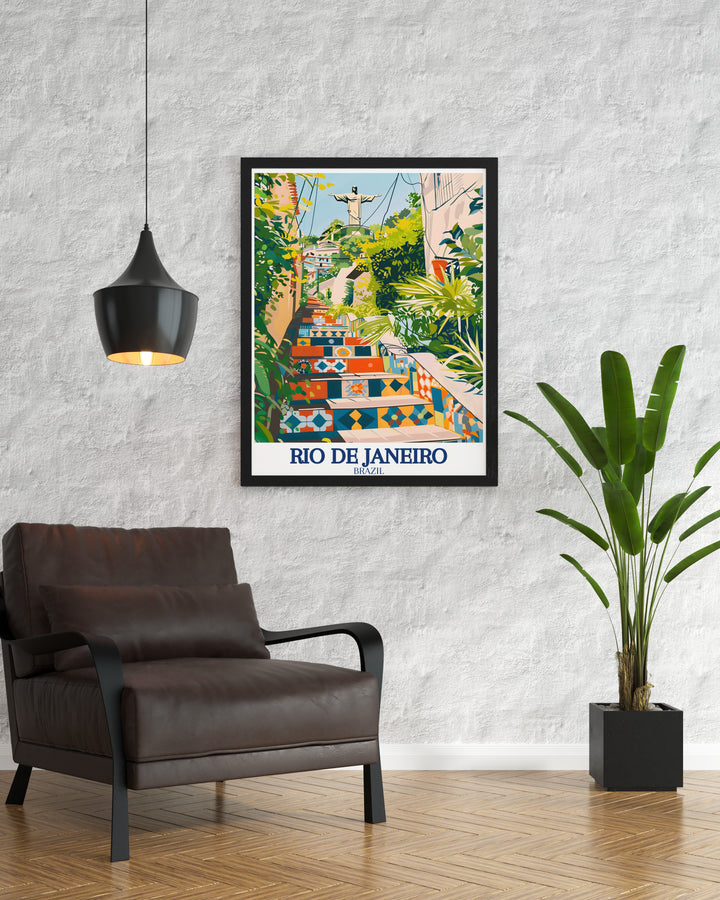 Selarón Staircase travel poster illustrating the iconic staircase that has become a symbol of Rios artistic spirit. This artwork is ideal for creating a colorful and inspiring atmosphere in any space.