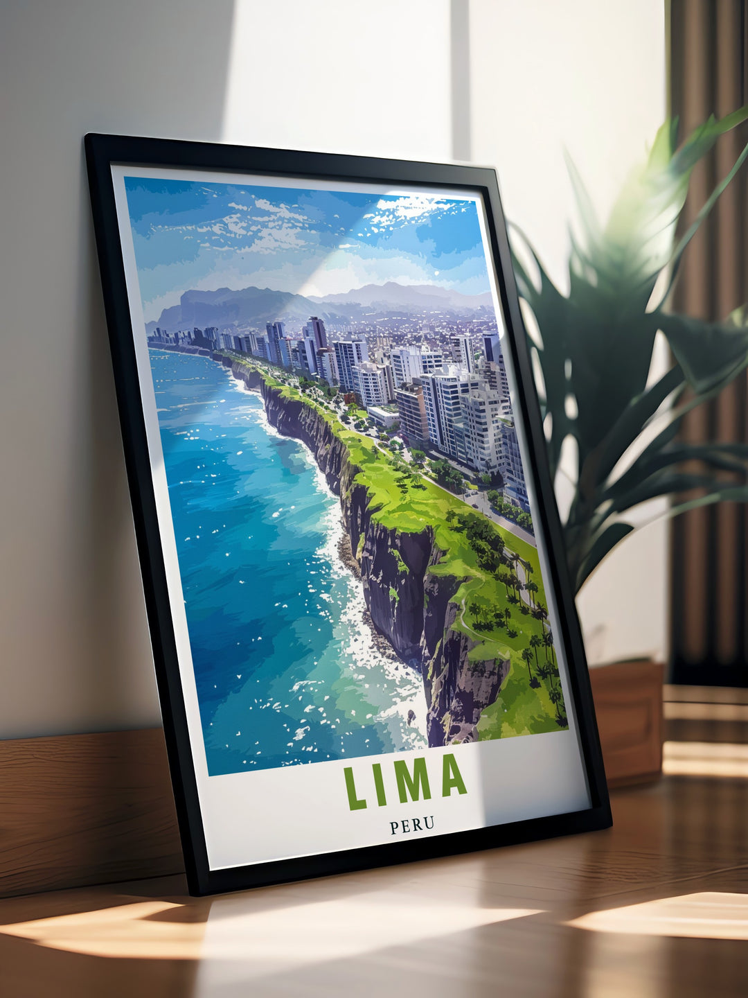 Bring the coastal beauty of Peru into your home with this Miraflores Cliffs poster. Perfect for fans of Lima or those who admire natural wonders, this travel print combines vibrant colors with a striking view of one of Perus most famous landmarks.