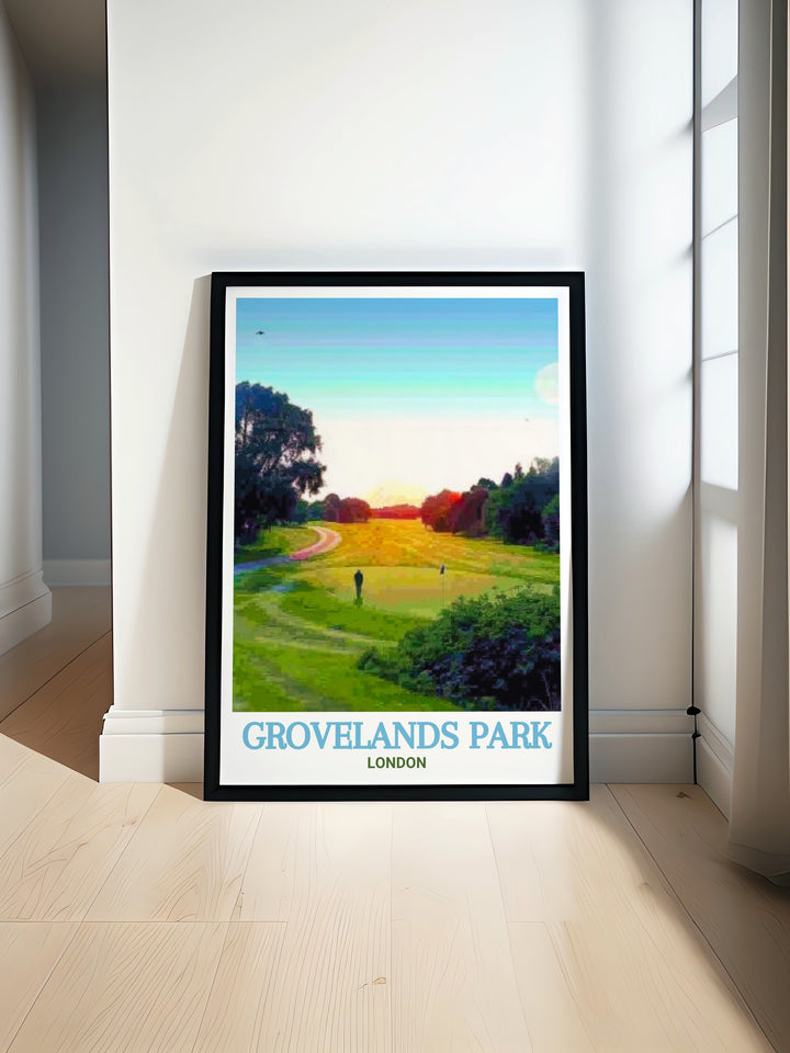 Grovelands Park Golf Course artwork offers a stunning view of one of North Londons iconic parks. This vintage travel print is perfect for adding a touch of nature to your home while showcasing the beauty of both Grovelands and Broomfield Park.