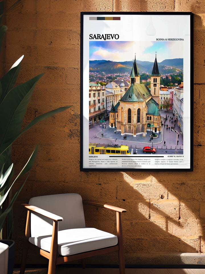 Sarajevo travel art print showcasing the vibrant streets and historic sites of Bosnia Herzegovina. A perfect gift for anniversaries, birthdays, or Christmas, this Sarajevo artwork brings the citys beauty and charm into your living space with its detailed and vivid design.