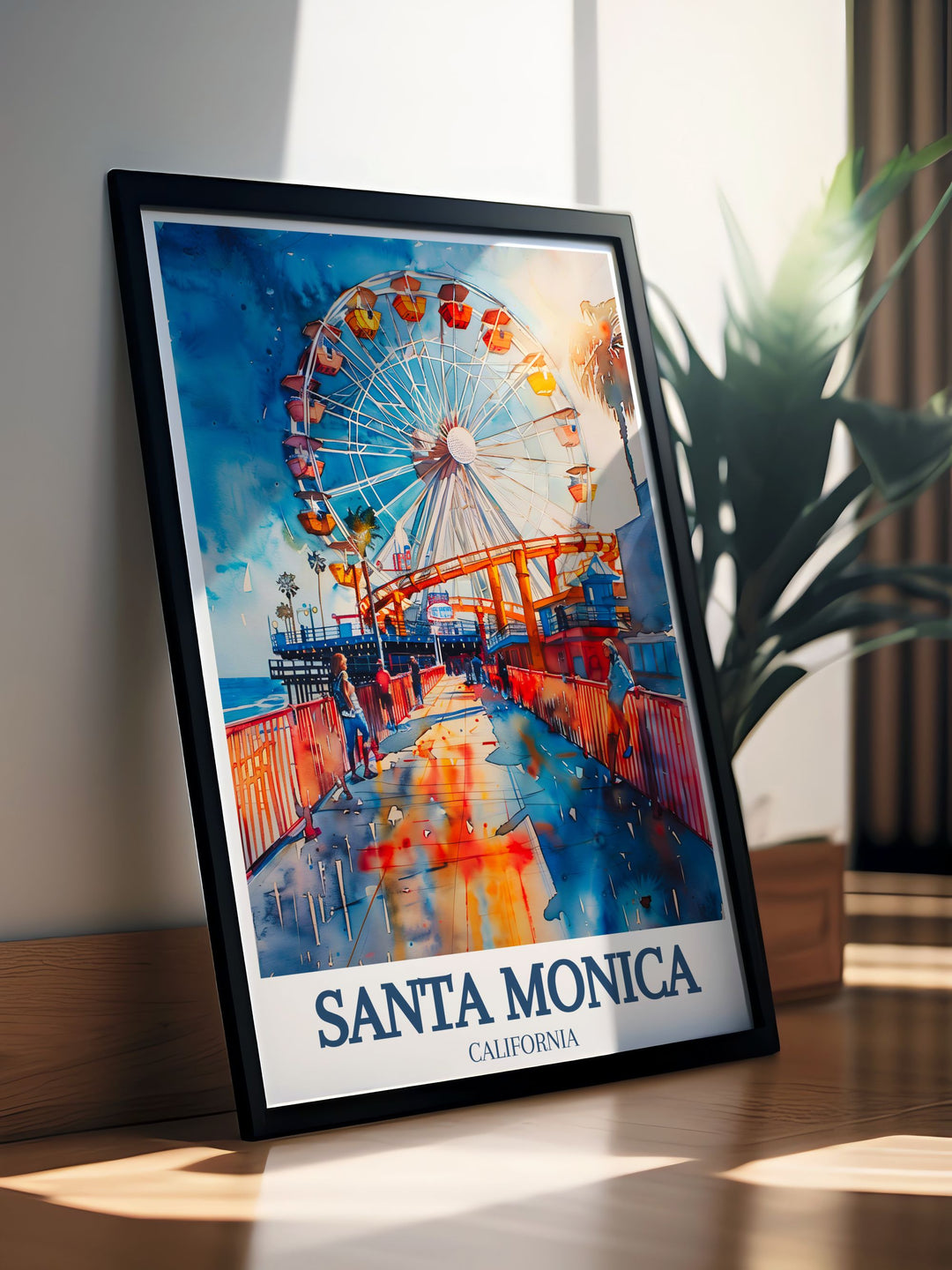 Travel print of Santa Monica Pier, capturing its iconic landmarks, lively entertainment, and nostalgic atmosphere. Ideal for adding coastal charm to any room.