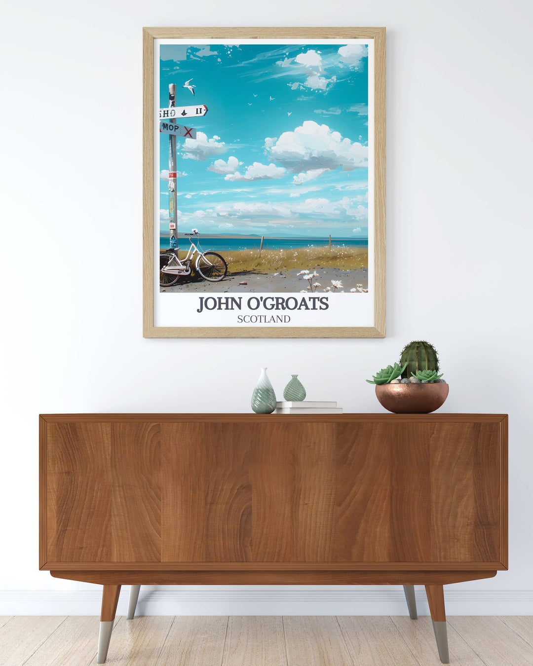 Vintage art of John O Groats Signpost highlighting the start of the ultimate cycling adventure. This print is a perfect gift for cycling enthusiasts who dream of completing the LEJOG Bike Ride. A beautiful addition to any home.
