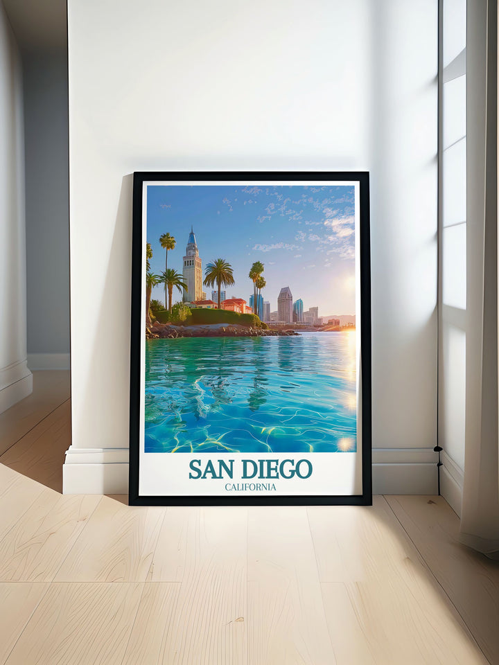 San Diego beach travel poster capturing the golden sands and soothing waves of California. Perfect for adding a touch of coastal charm to your home decor. Ideal for lovers of California travel and art, this print brings the beauty of San Diego beach to any room.