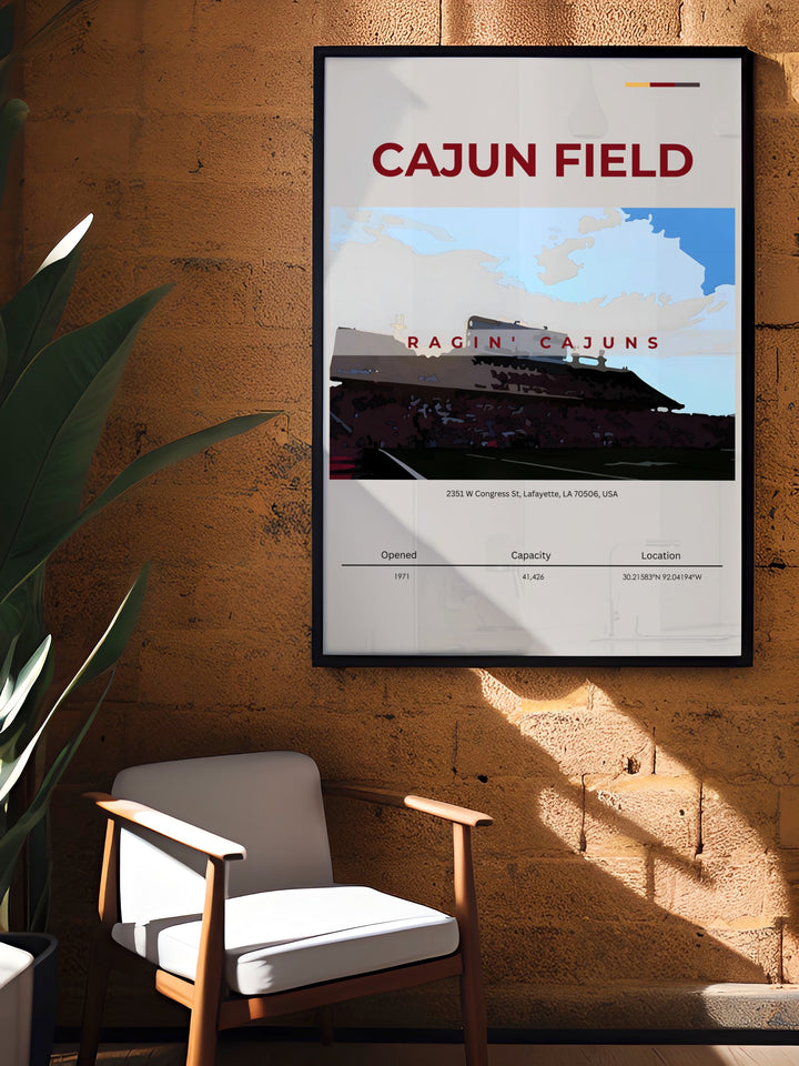 Cajun Field artwork celebrating Louisiana Ragin Cajuns football. Ideal for dorm room decor or modern home decor this college football print brings the spirit of game day into your space. A perfect wall art gift for Ragin Cajuns fans.