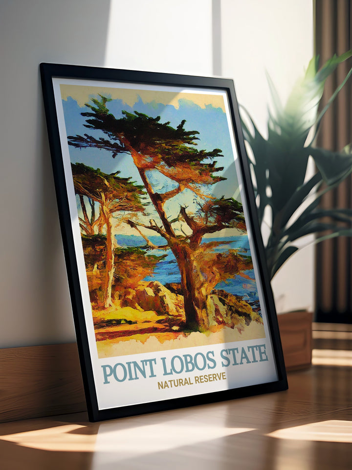 Wall poster of Point Lobos, highlighting the majestic cypress trees and stunning ocean views along the Cypress Grove Trail. This print is perfect for adding a sense of adventure and appreciation for nature to your interior design, celebrating Californias coastal landscapes.