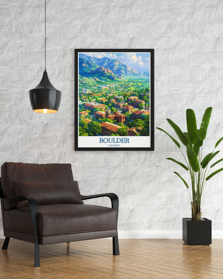 Vintage poster of the Flatirons in Boulder, Colorado, inspired by classic travel posters. This artwork blends retro aesthetics with contemporary design, capturing the timeless charm and scenic beauty of Boulders iconic rock formations.