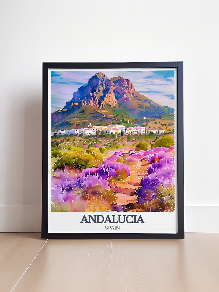 Featuring Zahara de la Sierras iconic white buildings and the scenic Andalucia hills, this travel poster captures the essence of Spanish rural beauty. Ideal for enhancing your home decor.