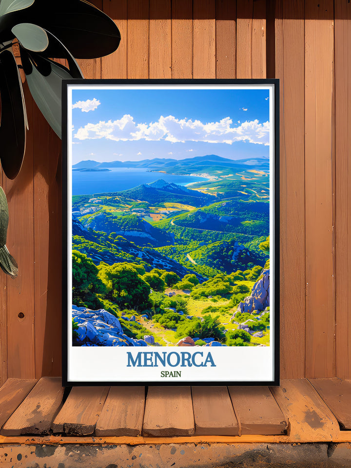 Monte Toro modern decor print highlighting the breathtaking panoramic views from Menorcas Monte Toro with its serene landscape and vibrant colors ideal for Spain travel prints and creating a sophisticated and calming atmosphere in your home.