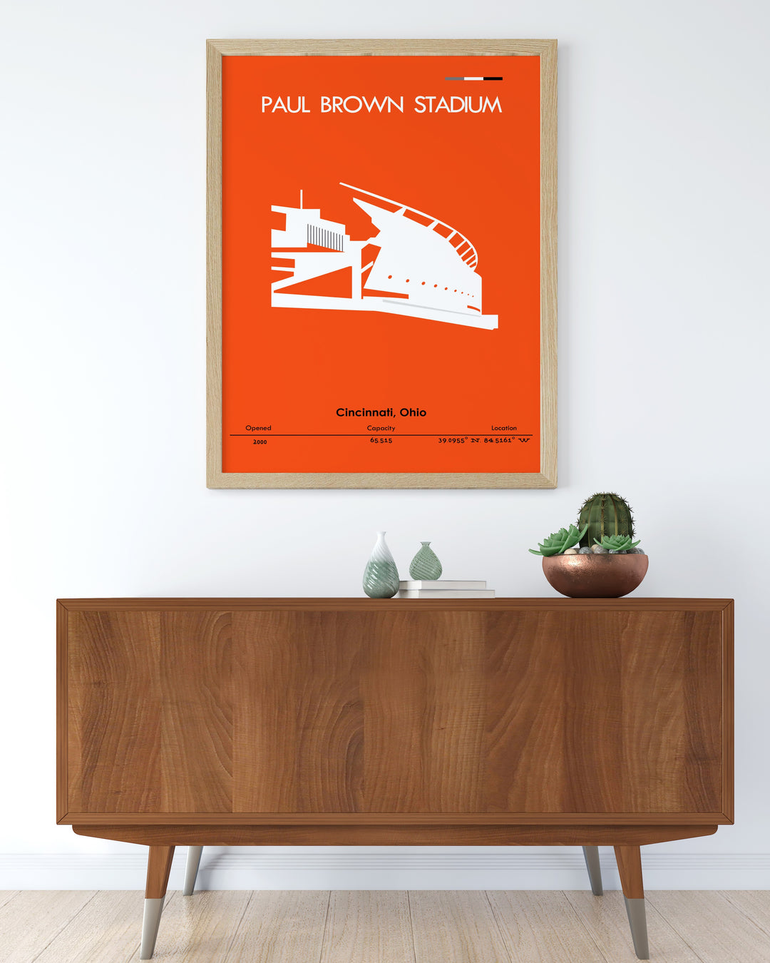 Celebrate Cincinnati football with this Paul Brown Stadium modern art print featuring Joe Burrow and Tyler Boyd. The retro NFL poster design highlights the excitement of the Bengals, making it a perfect addition to any football fans home decor