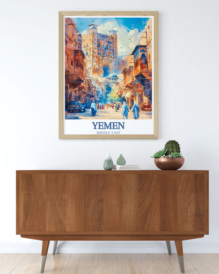 Sanaa Poster featuring the historic Al Jami al Kabir mosque and Bab Al Yaman available in modern and vintage styles ideal for enhancing your living room decor