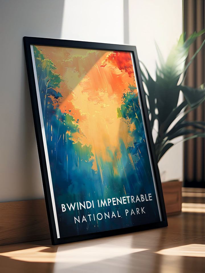 The rich biodiversity and scenic landscapes of Bwindi Impenetrable National Park are showcased in this travel poster, making it an excellent addition to any nature or wildlife lovers collection.