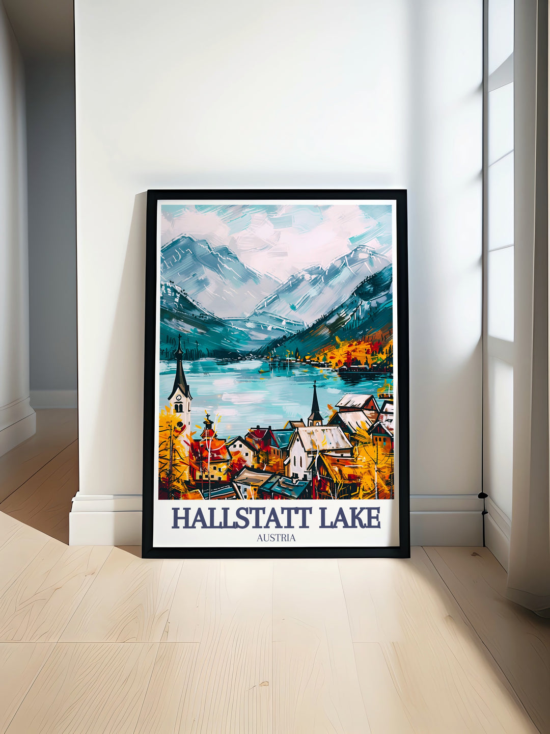 Our Hallstatt travel print captures the breathtaking view of Hallstatt Lake, with the towering Dachstein mountains and the charming Hallstatt Lutheran Church in the background. Perfect for travelers and nature lovers, this poster brings the beauty of the Austrian Alps into your living space.