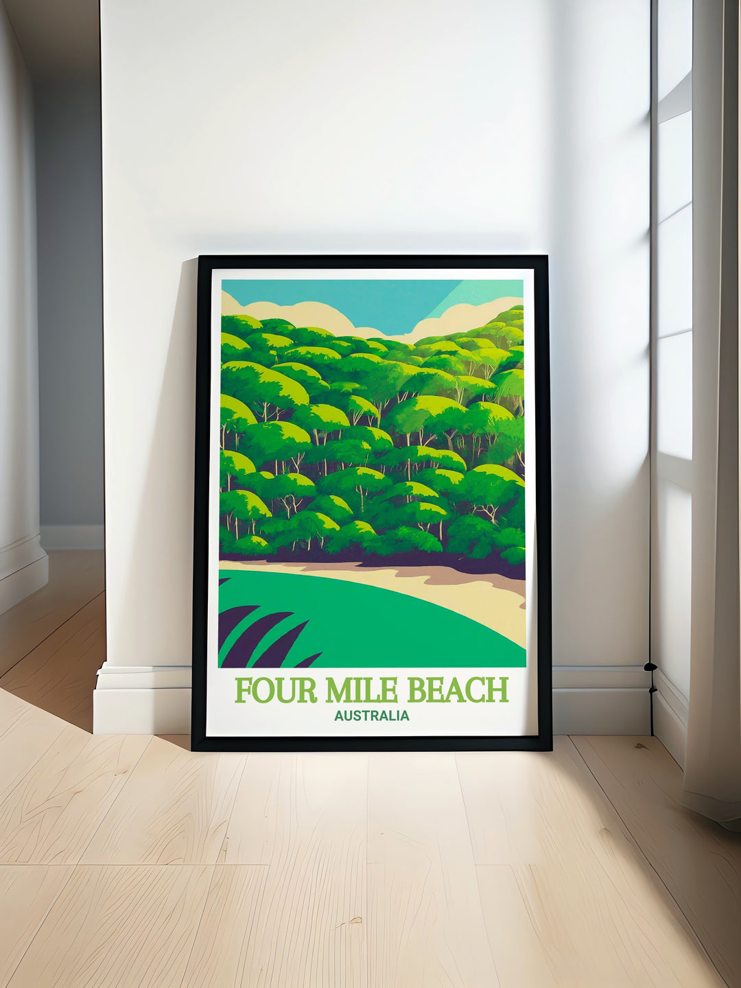 Stunning Australia poster featuring the serene beauty of Four Mile Beach and the vibrant foliage of Daintree Rainforest perfect for home decor