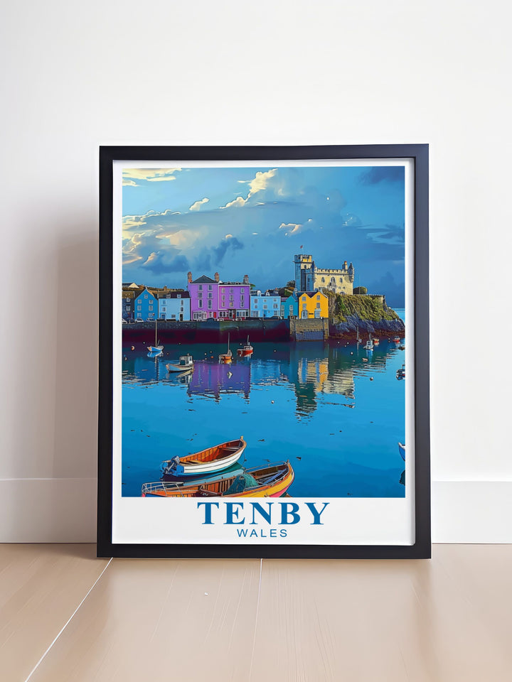 Tenby Harbour modern print featuring the iconic Pembrokeshire Coast of South Wales. This vintage travel print is a beautiful way to decorate your home or give as a unique gift to those who love the charm of seaside towns.