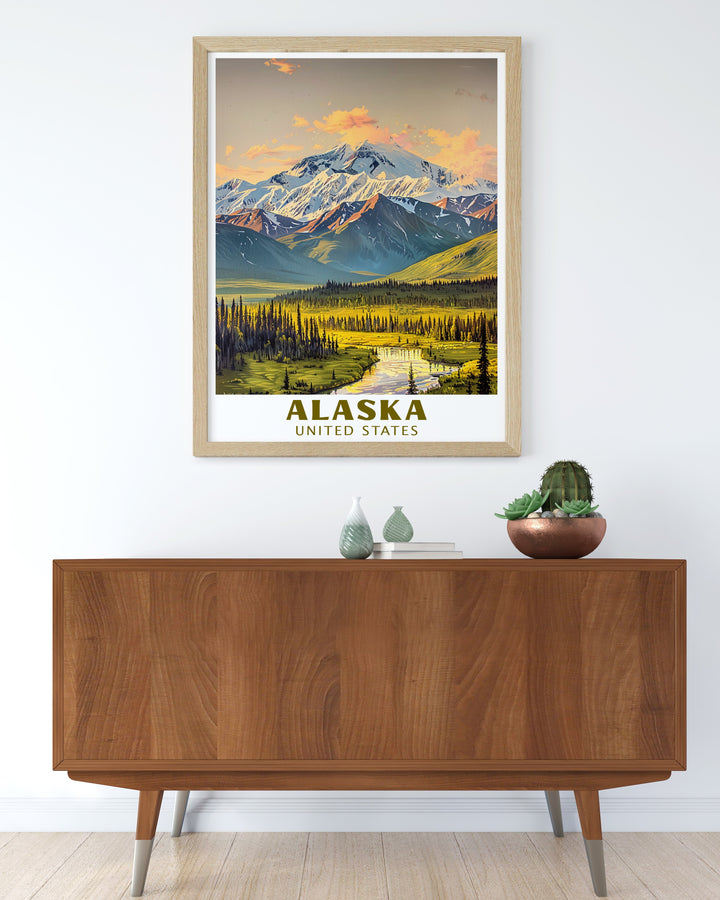 Our Denali National Park poster showcases the iconic Alaska landmark in striking detail. This artwork celebrates the beauty of one of Americas most famous national parks, making it a great gift for adventurers or a stunning addition to your home decor.