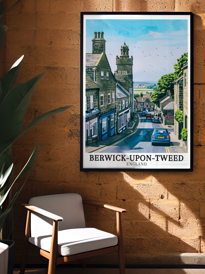 Berwick upon Tweed town print depicting the historic walls and charming streets of Northumberland. This art piece combines the towns history with its breathtaking views, creating a vibrant piece for your home or office.