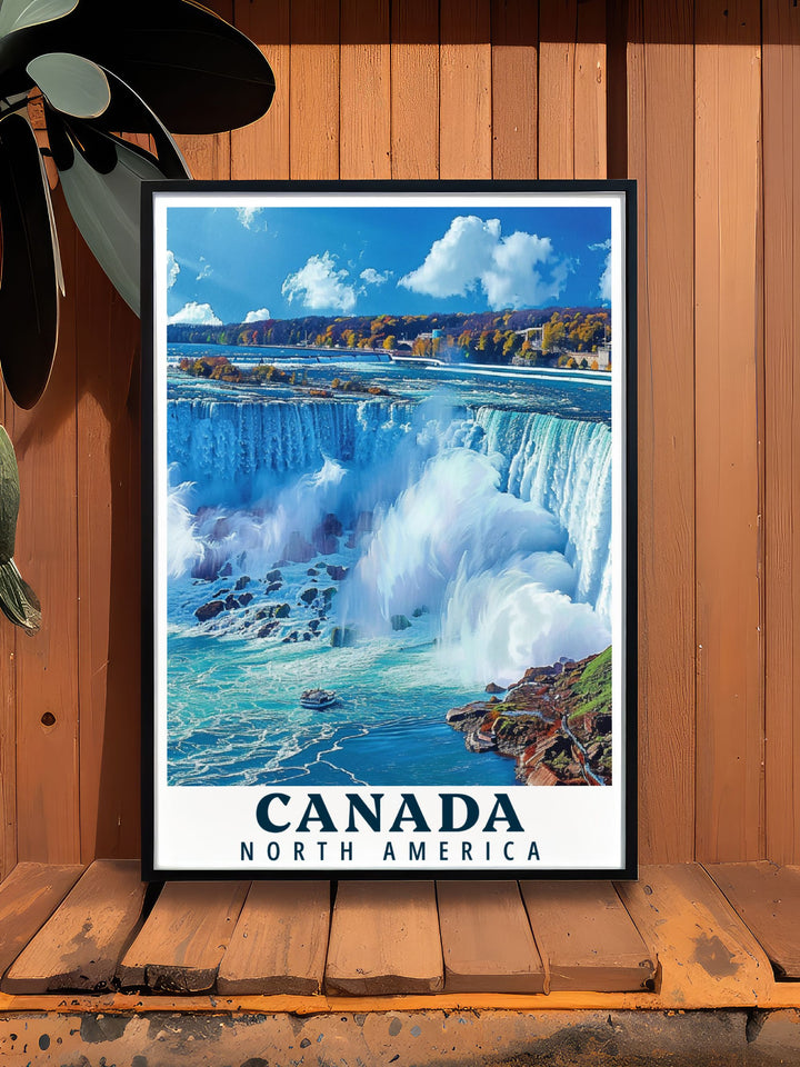 The picturesque scenery of Niagara Falls with its cascading waters and lush backdrop is featured in this vibrant travel poster, perfect for adding Canadas unique charm to your home.