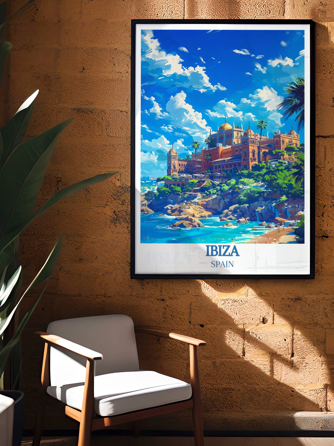 Dance Music Art poster showcasing the dynamic O Beach Day Club and the serene Cala d Hort Beach perfect for adding a touch of Ibizas lively nightlife and peaceful beach vibes to your wall art collection