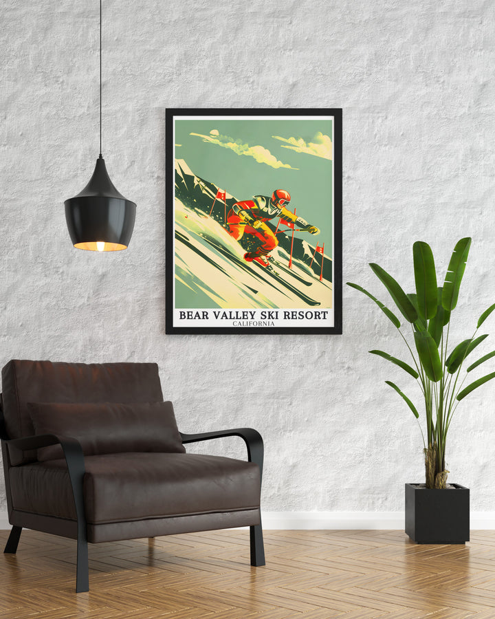 Blue Run, NASTAR course is the focus of this stunning ski resort poster which celebrates the natural beauty and adventure of Bear Valley California. Ideal for enhancing your living room decor this print is both inspiring and visually striking.