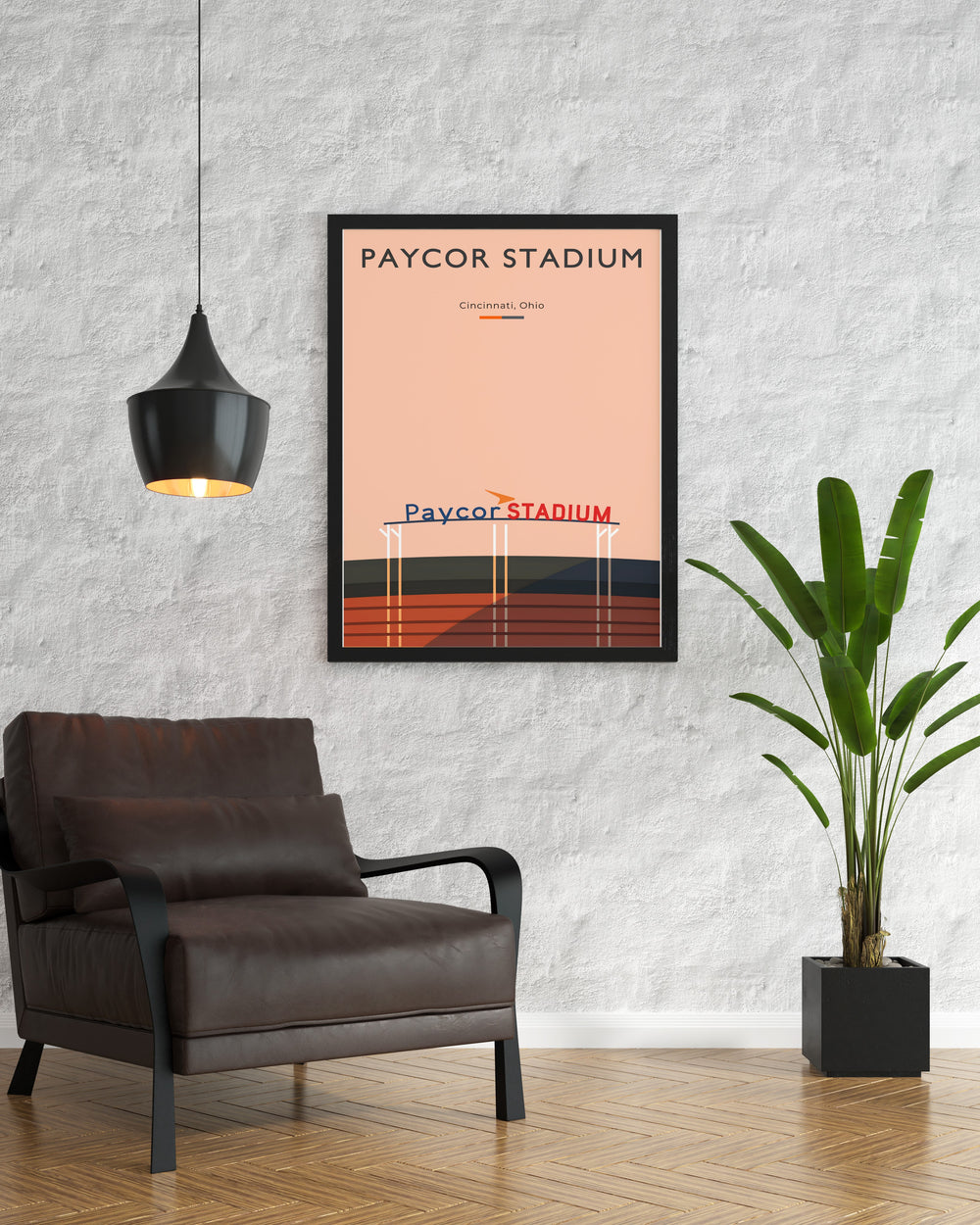 A retro NFL poster of Paycor Stadium featuring Joe Burrow and Bengals artwork ideal as a football fan gift for boys or dads this stunning Ohio print celebrates the teams rich history and the vibrant atmosphere of game day in Cincinnati