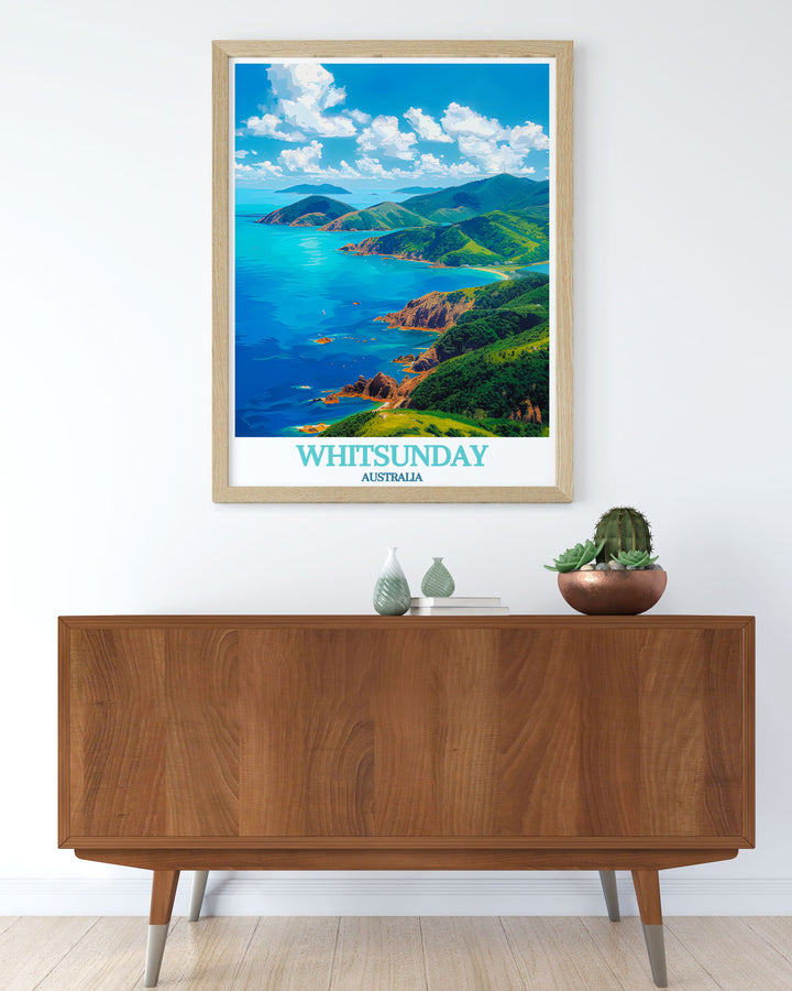 Great South Molle Island Modern Prints from the Whitsunday Islands offer vibrant and detailed illustrations perfect for adding a touch of nature inspired beauty to your living room or office wall decor with Australian travel themes