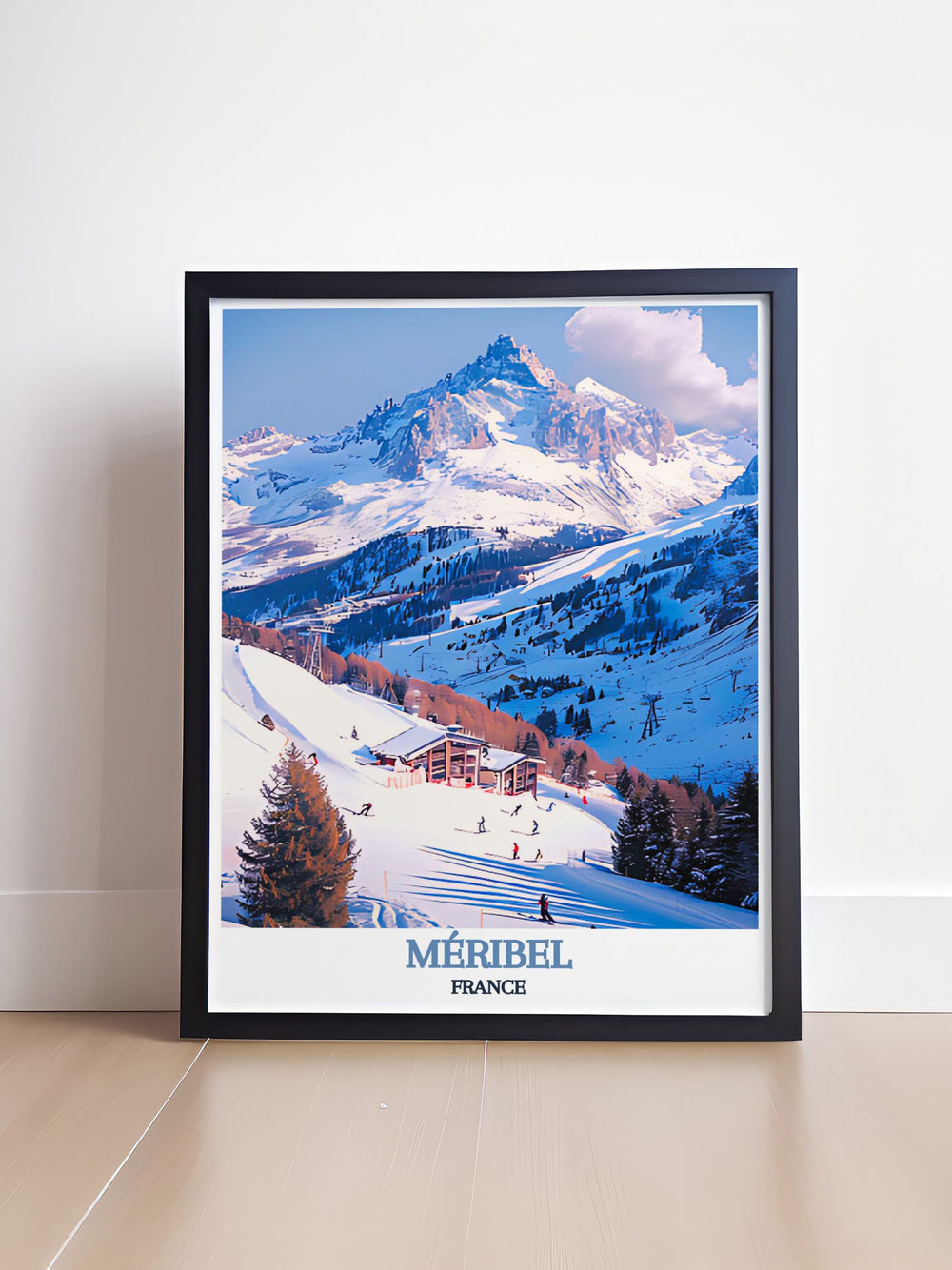 Showcasing both Méribel and Rond Point des Pistes, this travel poster captures the unique blend of thrilling snowboarding and lively mountain life, perfect for enhancing your living space with alpine charm.