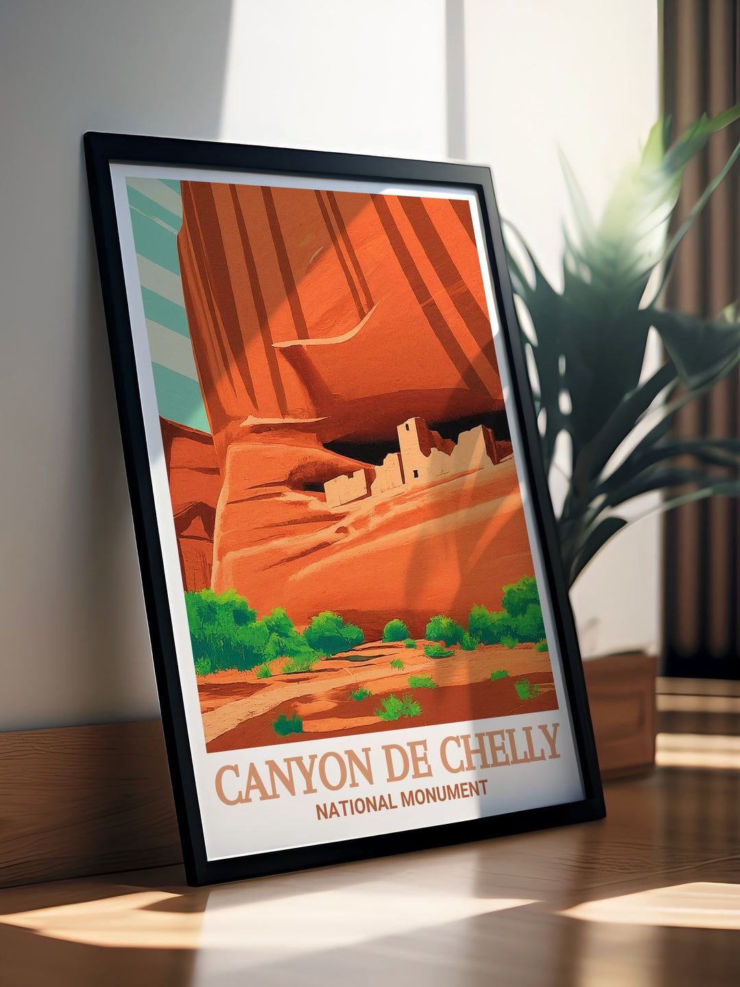 Transport yourself to the heart of the Southwest with this travel poster, highlighting the rugged beauty of Canyon de Chelly and the historical White House Ruin. Perfect for adventurers and lovers of the American frontier.