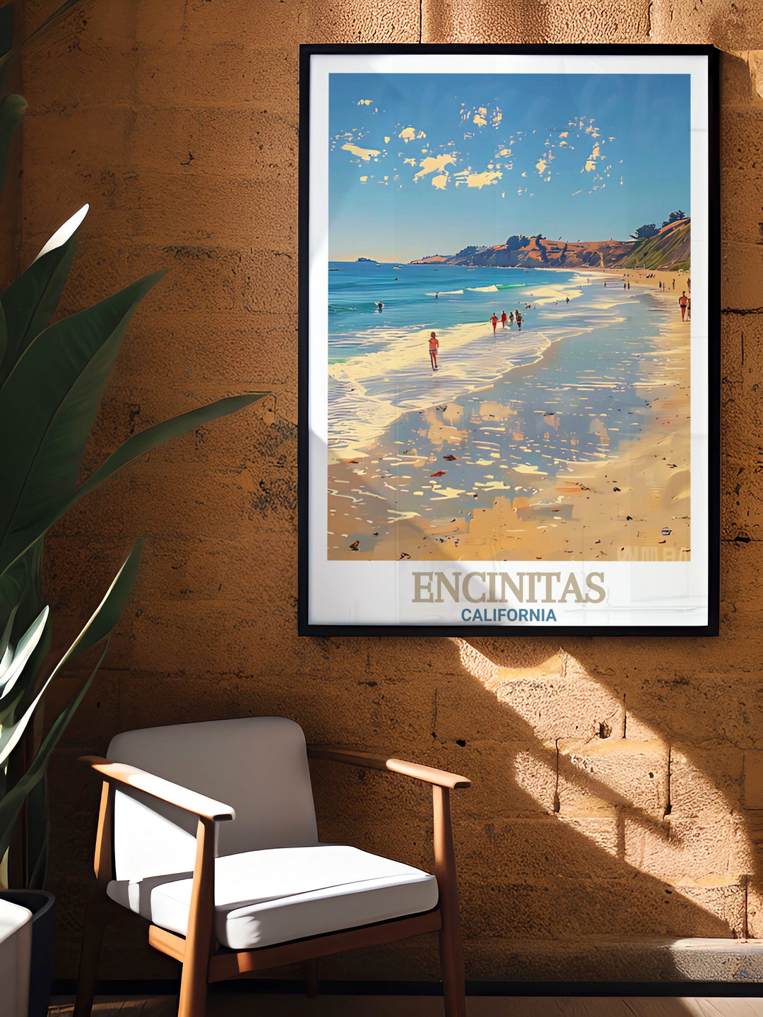 Encinitas vintage poster offers a nostalgic look at one of Californias most iconic beach towns. Featuring Moonlight State Beach, this California canvas print captures the laid back spirit of Encinitas, making it a unique piece of wall art for anyone who loves the ocean.